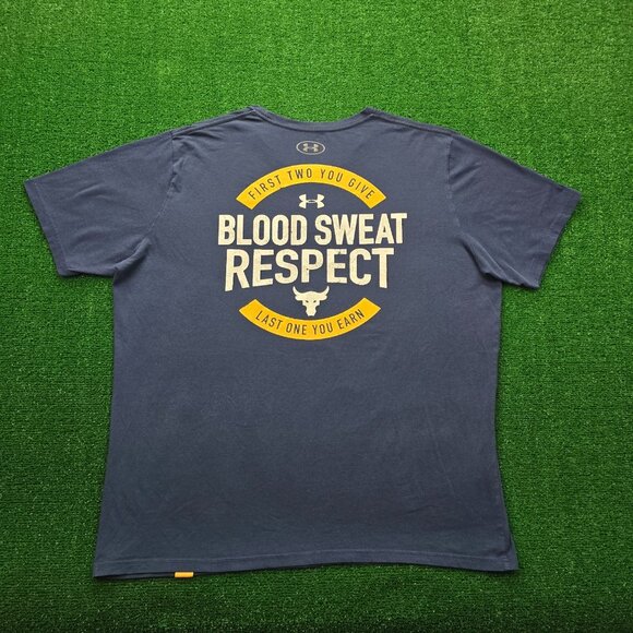 Under Armour Tshirt Mens 2XL Blue Blood Sweat Respect Project Rock Logo - Picture 1 of 9